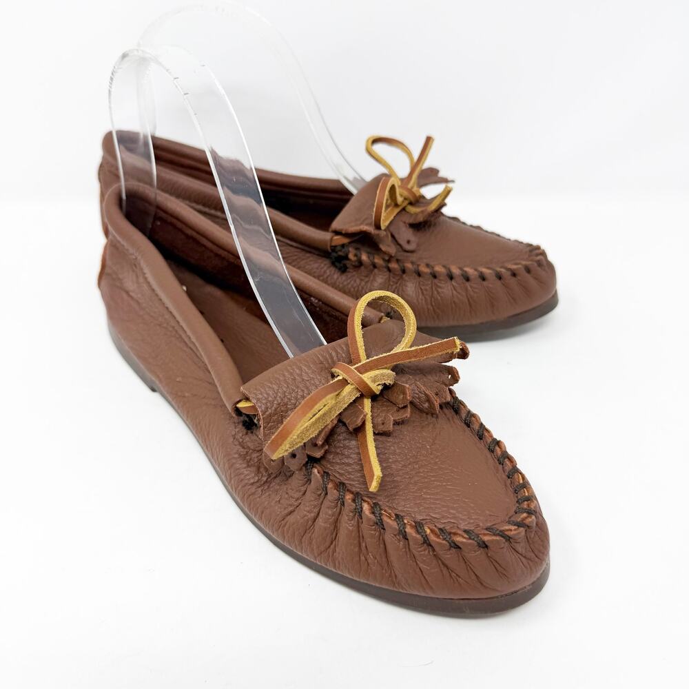 Minnetonka Brown Pebbled Leather Moccasins Women's Size 6 EUC Tie Bow Detail